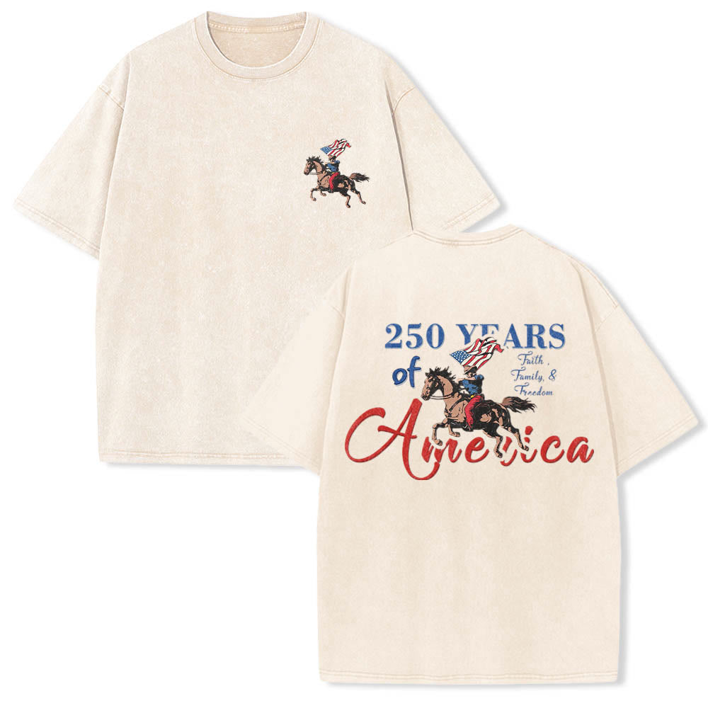 Christianartworkshop 250 Years Of America Patriotic Cowboy Horse Dual Print Vintage Washed T-Shirt - Beige - 5XL - image 0