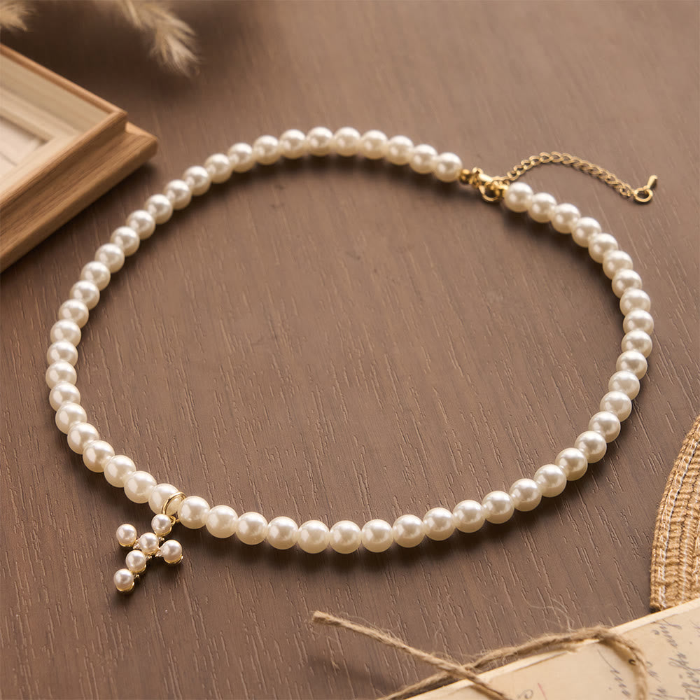 Christianartworkshop Elegant Imitation Pearl Bead Mini Pearl Cross Pendant Choker Necklace: Timeless Emblem of Gentle Heavenly Guardianship - image 1