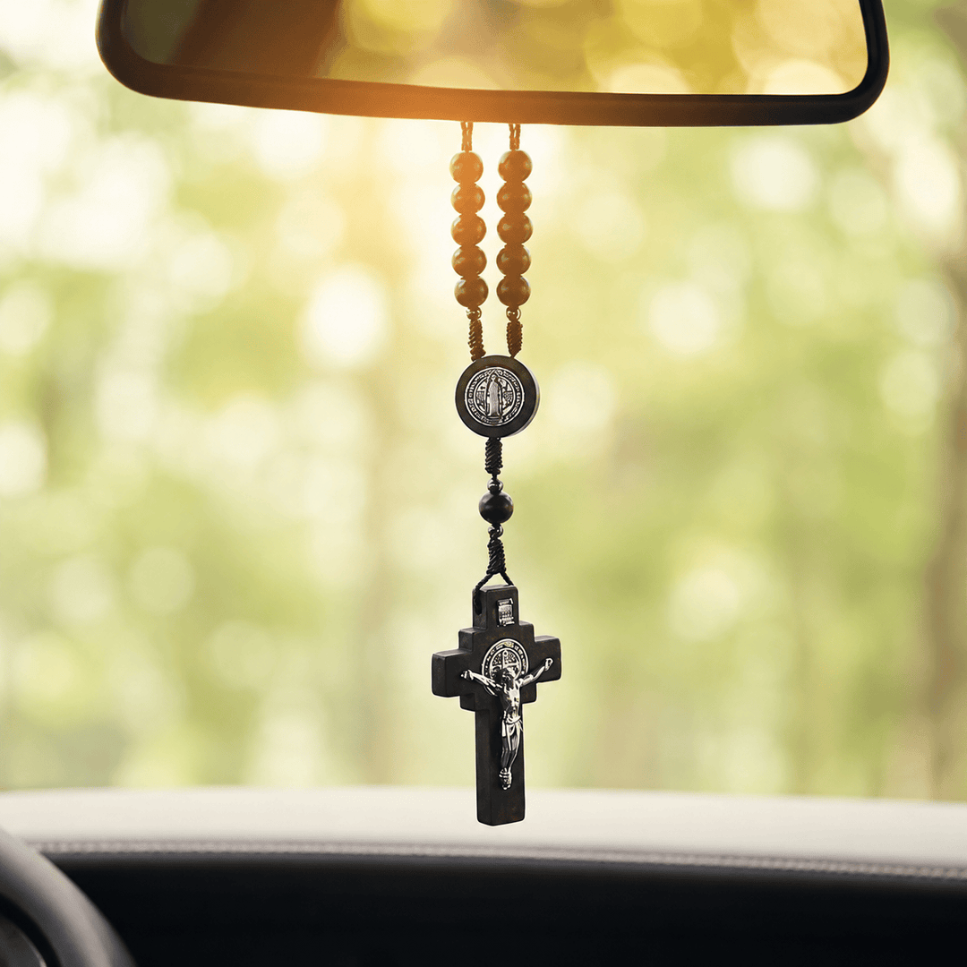 Christianartworkshop Round Bead Car Rosary Crucifix Our Lady Embossed Medal Car Hanging Pendant: A Reminder of Merciful Divine Protection on Every Trip - Crucifix&St.Benedict - image 0