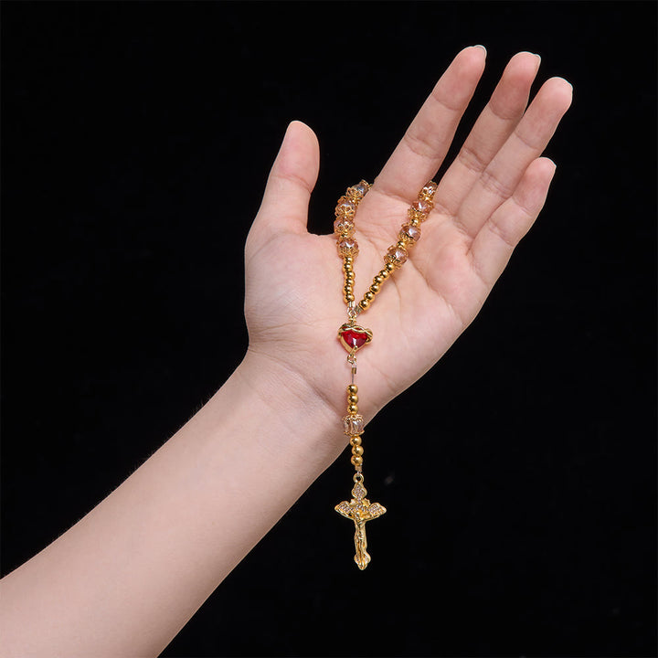 Christianartworkshop Luxe Champagne-Tone Pocket Rosary With Sacred Heart & Jeweled Crucifix: Dual-Use Prayer & Car Hanging Charm - image 1