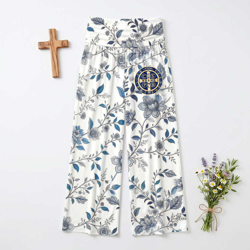 Christianartworkshop Vintage Blue Grey Vine Floral Ornate Cross Medallion High Waist Wide Leg Pants - US22,UK/AU26,EU54(6XL) - image 0
