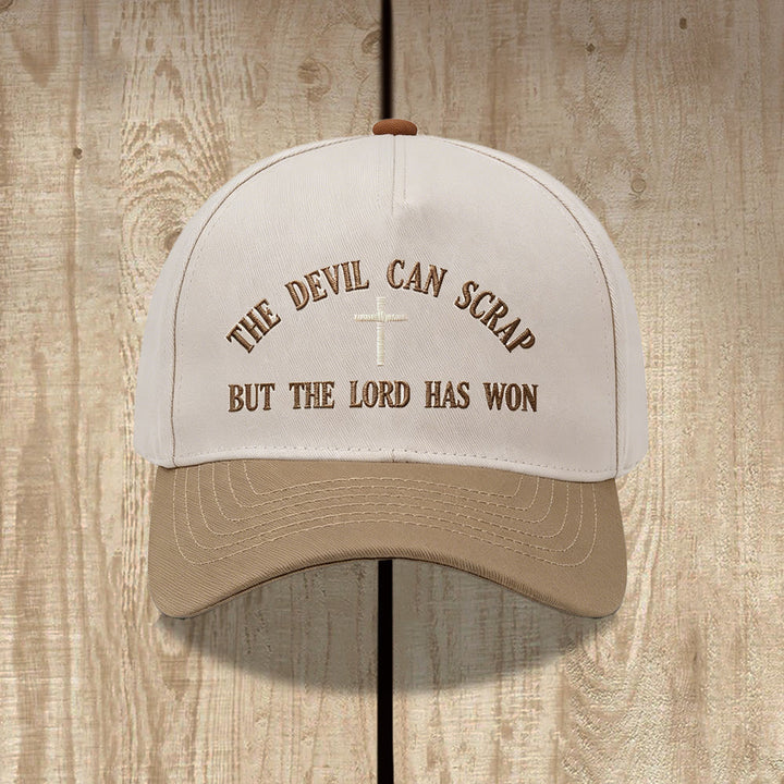 Christianartworkshop Arch Scripture Cross Motif THE DEVIL CAN SCRAP BUT THE LORD HAS WON Embroidery Washed Baseball Cap - Khaki - image 4