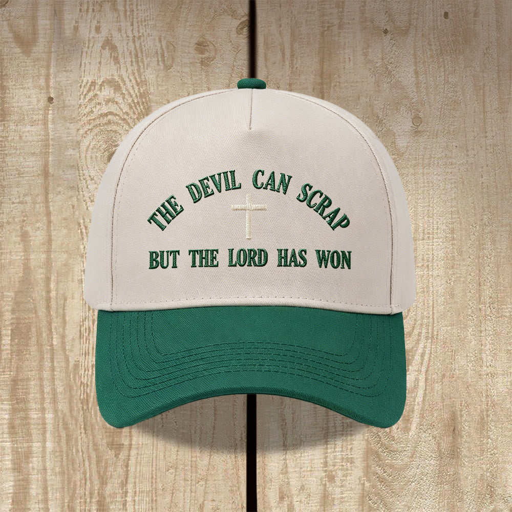 Christianartworkshop Arch Scripture Cross Motif THE DEVIL CAN SCRAP BUT THE LORD HAS WON Embroidery Washed Baseball Cap - Green - image 0