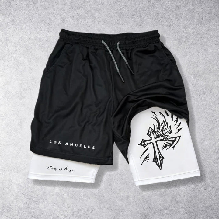 Christianartworkshop Los Angeles Letter Outer Flame Wing Cross City of Anger Hand Script Inner Two-Layer Drawstring Faith Shorts - White - 3XL - image 5