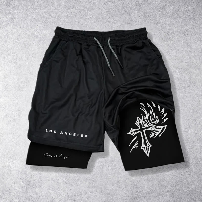 Christianartworkshop Los Angeles Letter Outer Flame Wing Cross City of Anger Hand Script Inner Two-Layer Drawstring Faith Shorts - Black - 3XL - image 0