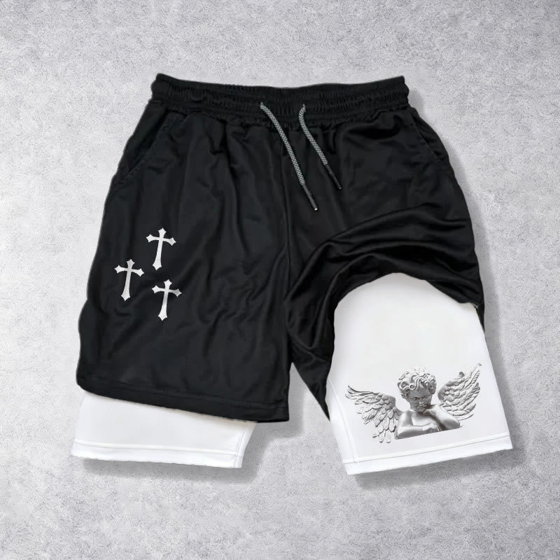 Christianartworkshop Triple Cross Outer Cherub Angel Sculpture Inner Two-Layer Drawstring Faith Shorts - White - 3XL - image 5