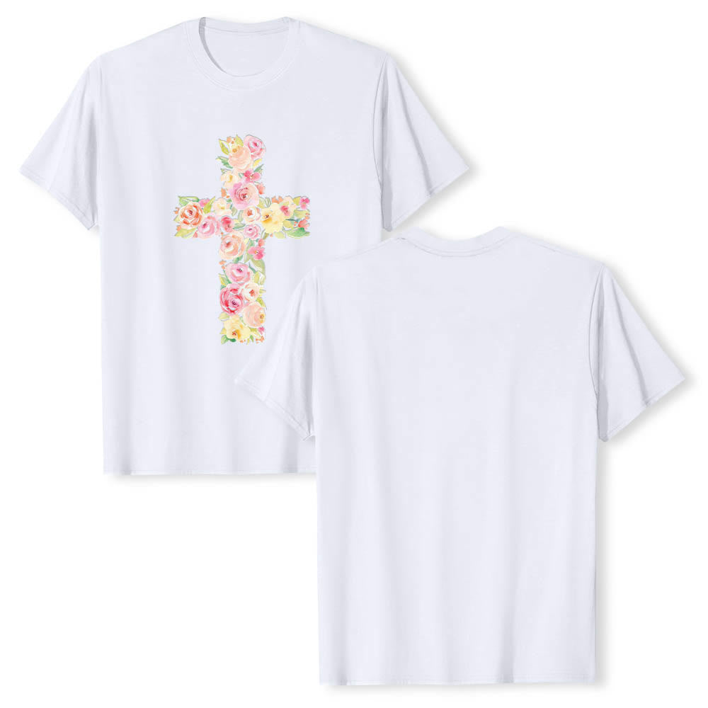 Christianartworkshop Watercolor Floral Fill Cross Front Single Print Classic T-Shirt - White - 2XL - image 0