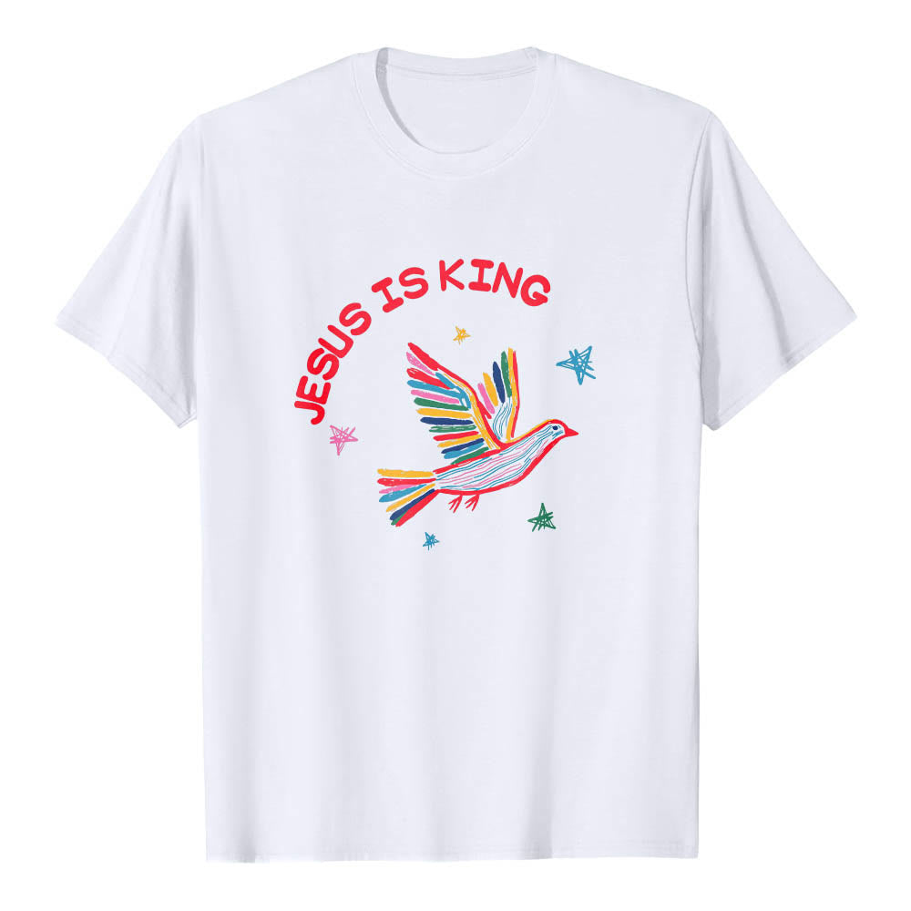 Christianartworkshop Curved Jesus Is King Letter Hand Drawn Dove Star Accent Front Print Classic T-Shirt - White - 2XL - image 0
