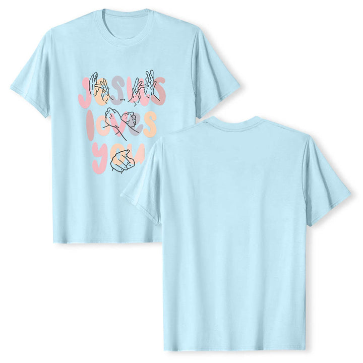 Christianartworkshop Jesus Loves You Bubble Letter Sign Language Hand Line Art Front Print Classic T-Shirt - image 14