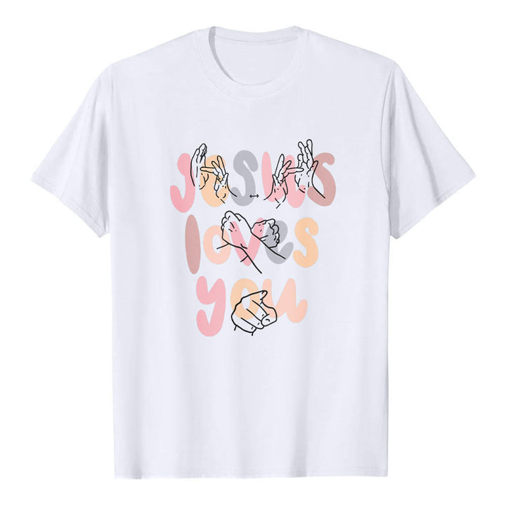Christianartworkshop Jesus Loves You Bubble Letter Sign Language Hand Line Art Front Print Classic T-Shirt - White - 2XL - image 3