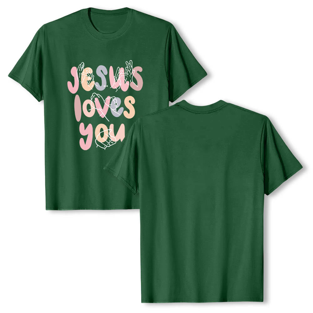 Christianartworkshop Jesus Loves You Bubble Letter Sign Language Hand Line Art Front Print Classic T-Shirt - image 8