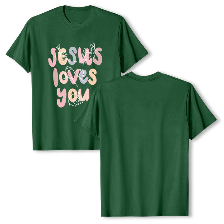 Christianartworkshop Jesus Loves You Bubble Letter Sign Language Hand Line Art Front Print Classic T-Shirt - image 8