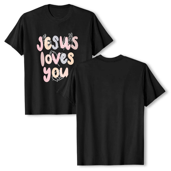 Christianartworkshop Jesus Loves You Bubble Letter Sign Language Hand Line Art Front Print Classic T-Shirt - image 11