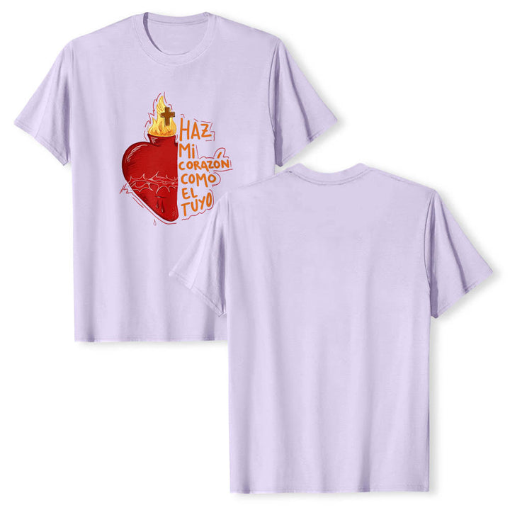 Christianartworkshop Sacred Thorn Wound Flame Cross Heart Spanish Devotional Slogan Front Print Classic T-Shirt - image 13