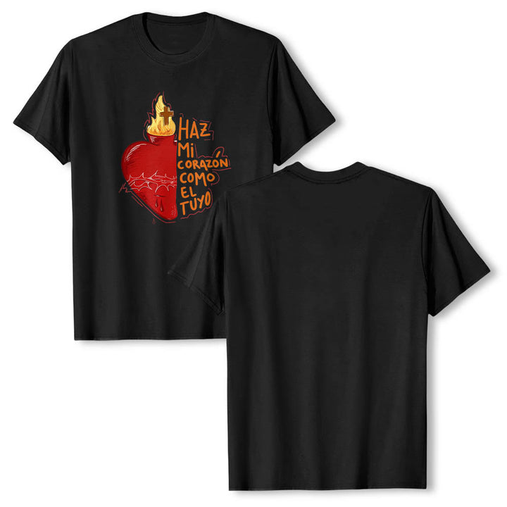 Christianartworkshop Sacred Thorn Wound Flame Cross Heart Spanish Devotional Slogan Front Print Classic T-Shirt - image 9