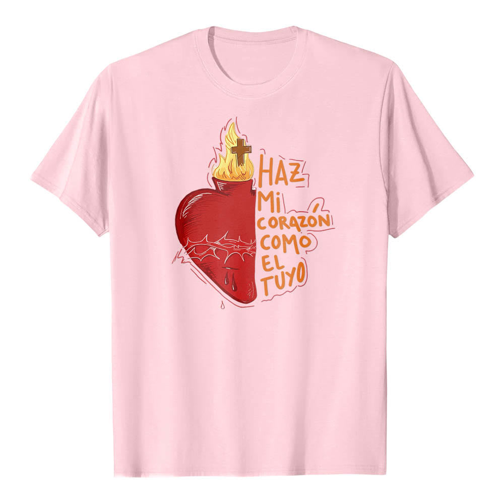 Christianartworkshop Sacred Thorn Wound Flame Cross Heart Spanish Devotional Slogan Front Print Classic T-Shirt - Pink - 2XL - image 16
