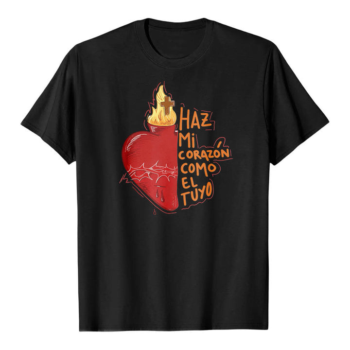 Christianartworkshop Sacred Thorn Wound Flame Cross Heart Spanish Devotional Slogan Front Print Classic T-Shirt - Black - 2XL - image 8