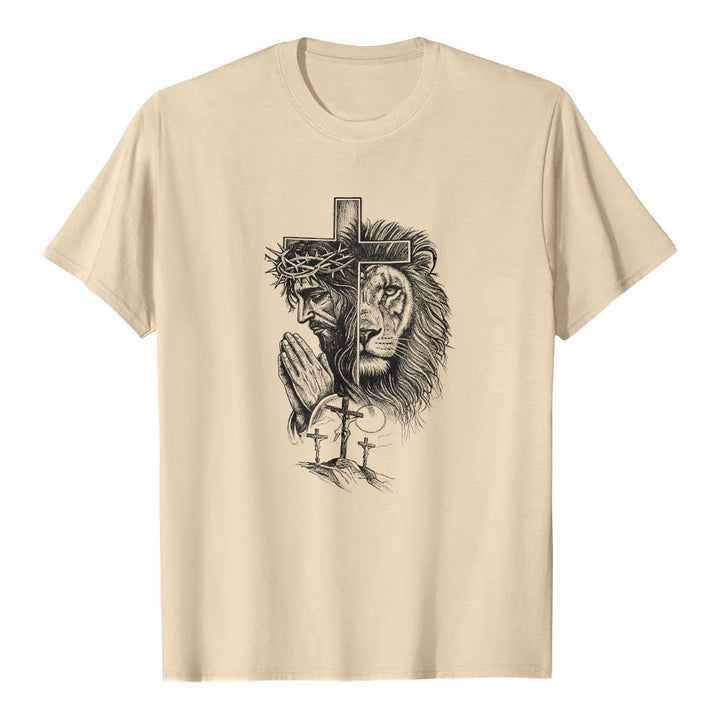 Christianartworkshop Split Portrait Praying Jesus Lion Cross Golgotha Three Cross Front Print Classic T-Shirt - Beige - 2XL - image 2