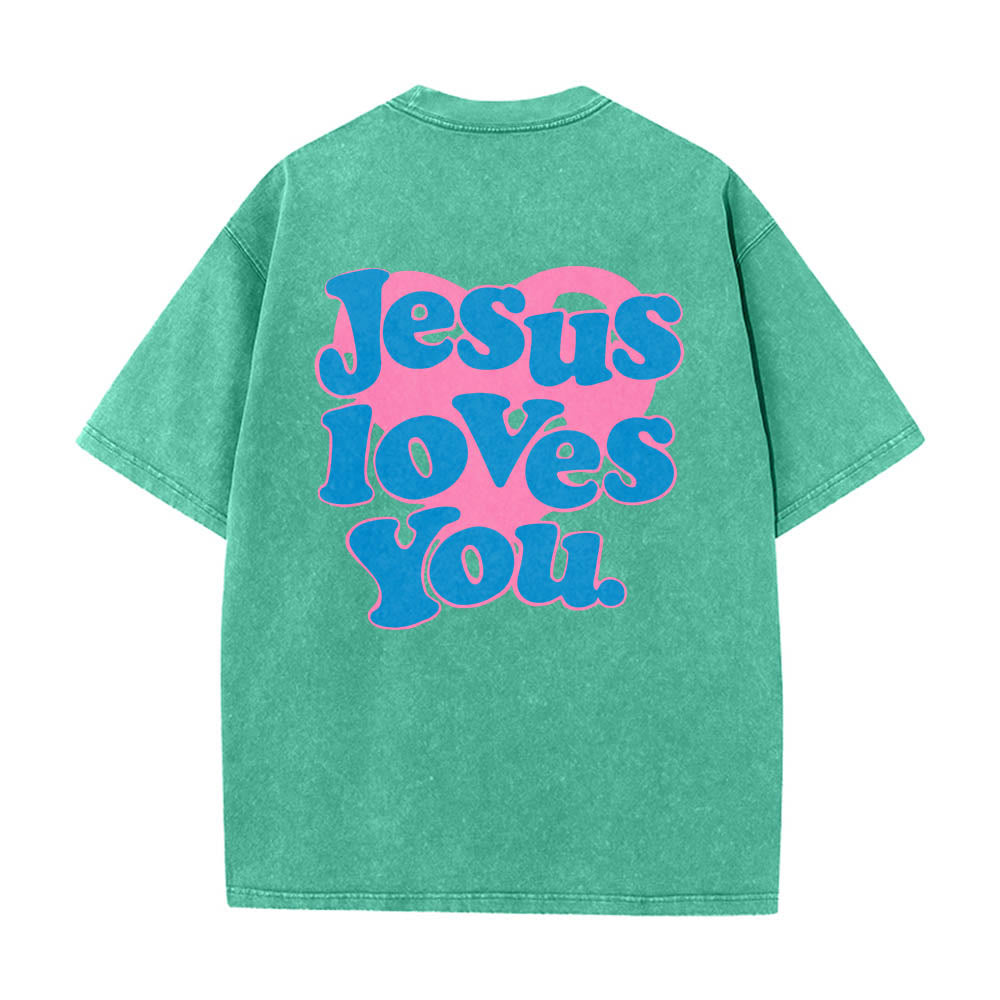 Christianartworkshop Heart Back Bubble Font Jesus Loves You Statement Print Washed T‑Shirt - Green - 5XL - image 10