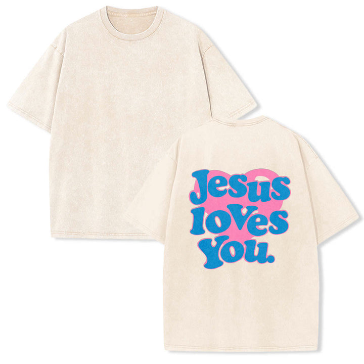 Christianartworkshop Heart Back Bubble Font Jesus Loves You Statement Print Washed T‑Shirt - image 1