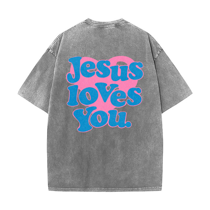 Christianartworkshop Heart Back Bubble Font Jesus Loves You Statement Print Washed T‑Shirt - Grey - 5XL - image 2