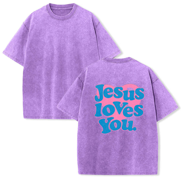 Christianartworkshop Heart Back Bubble Font Jesus Loves You Statement Print Washed T‑Shirt - image 13