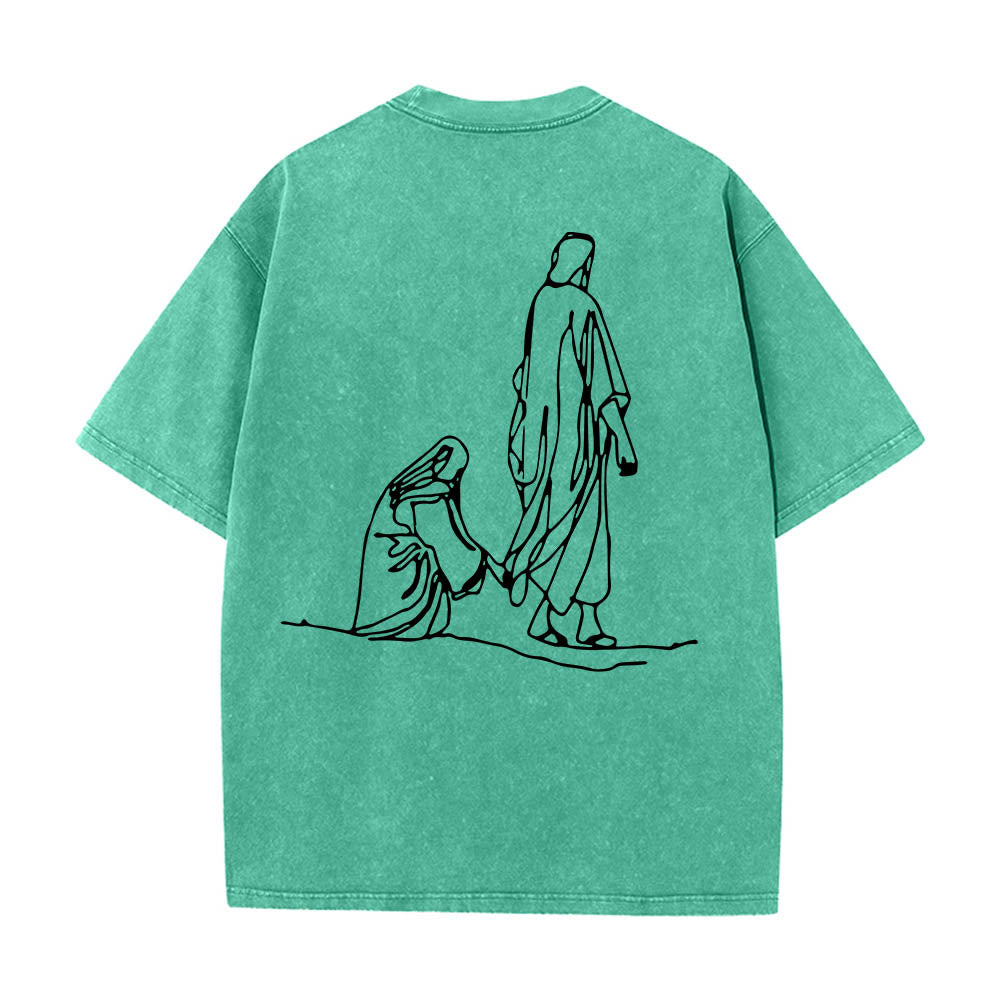 Christianartworkshop Matthew 9:20‑22 Faith Quote Front Bleeding Woman Touch Christ Robe Line Art Rear Print Washed T‑Shirt - image 17