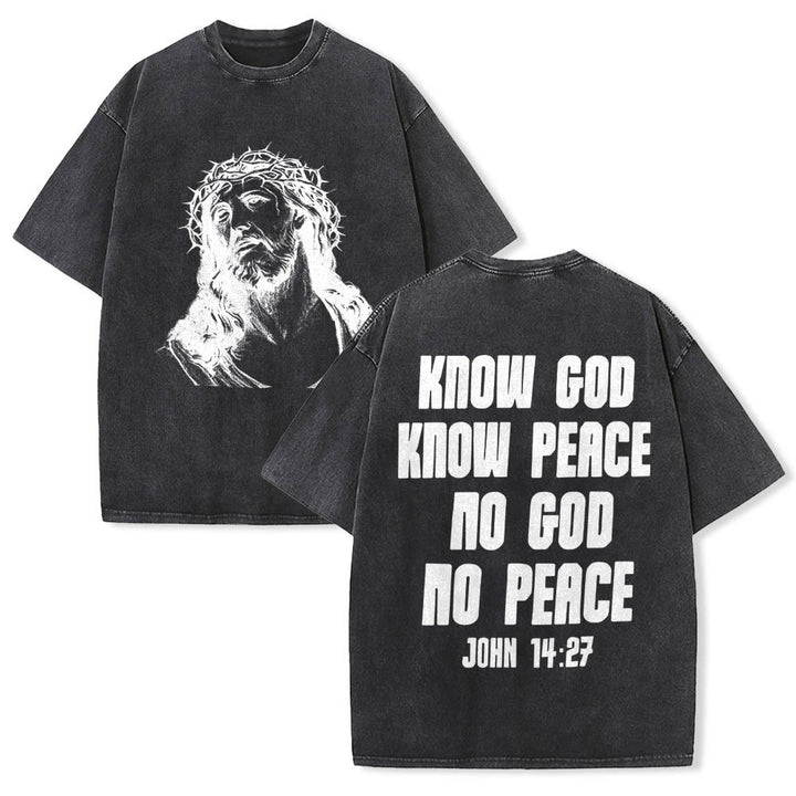 Christianartworkshop Thorn Crown Jesus Bust Front Know God Know Peace John 14:27 Rear Dual Side Print Washed T‑Shirt - Black - 5XL - image 9