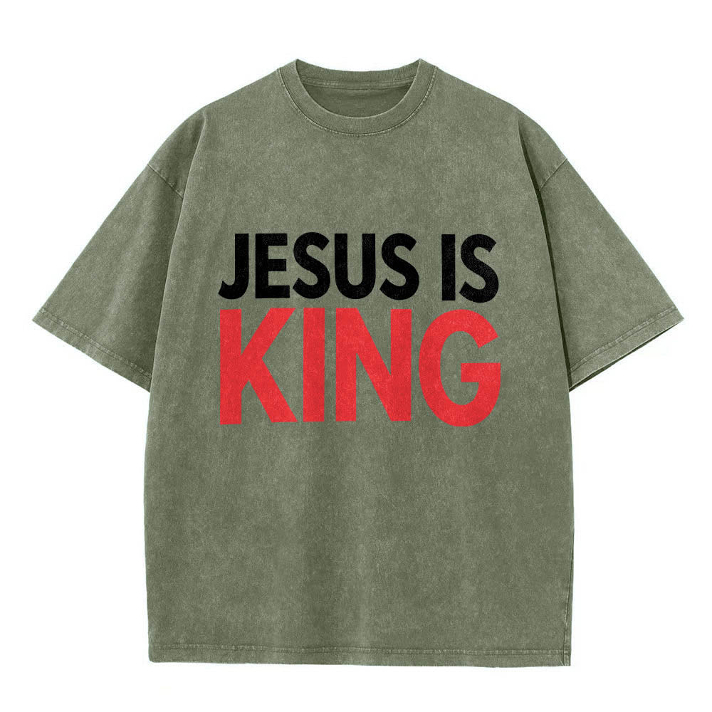 Christianartworkshop Two Tier Bold Block Jesus Is King Front Typography Print Washed T‑Shirt - Army Green - 5XL - image 16