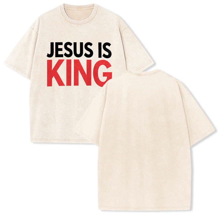 Christianartworkshop Two Tier Bold Block Jesus Is King Front Typography Print Washed T‑Shirt - image 3