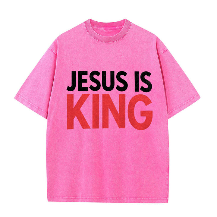 Christianartworkshop Two Tier Bold Block Jesus Is King Front Typography Print Washed T‑Shirt - Pink - 5XL - image 14