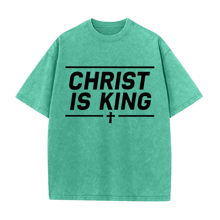 Christianartworkshop Double Horizontal Line Framed Christ Is King Centered Cross Front Print Washed T‑Shirt - Green - 5XL - image 10