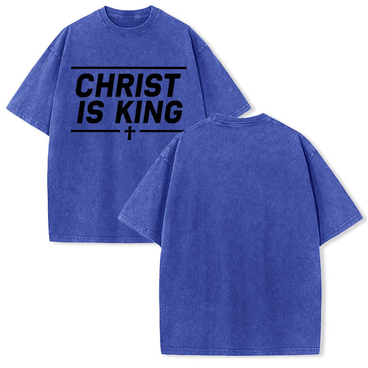 Christianartworkshop Double Horizontal Line Framed Christ Is King Centered Cross Front Print Washed T‑Shirt - image 9