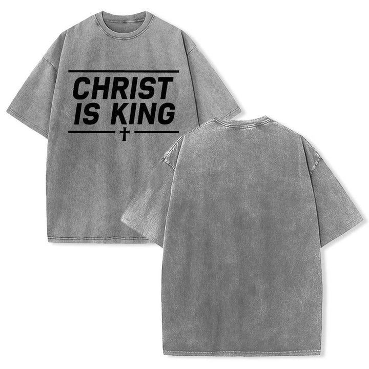 Christianartworkshop Double Horizontal Line Framed Christ Is King Centered Cross Front Print Washed T‑Shirt - image 7
