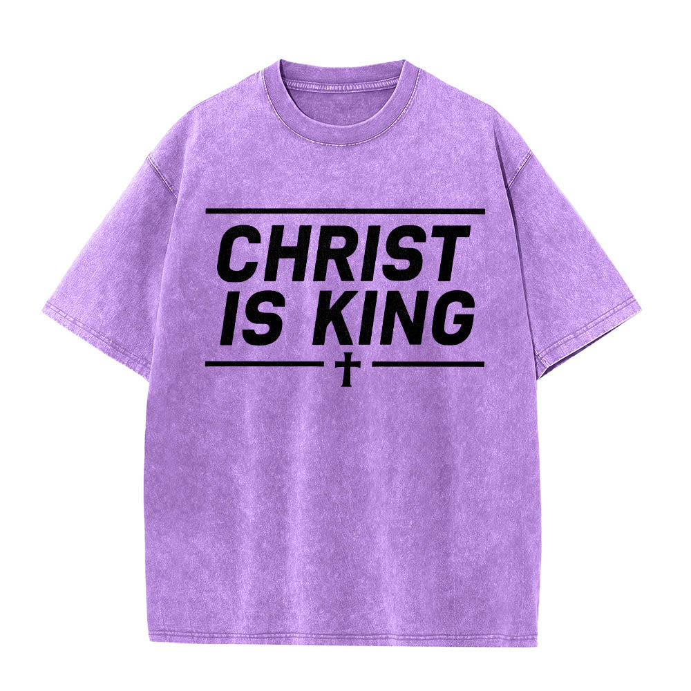 Christianartworkshop Double Horizontal Line Framed Christ Is King Centered Cross Front Print Washed T‑Shirt - Purple - 5XL - image 12