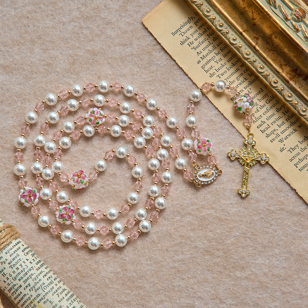 Christianartworkshop Cream Pearl Floral Crystal Rosary With Jeweled Golden Crucifix: Emblem of Soft Heavenly Tenderness - image 2