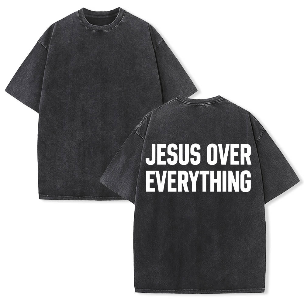 Christianartworkshop Two-Line Bold Jesus Over Everything Rear Block Letter Print Washed T‑Shirt - image 1