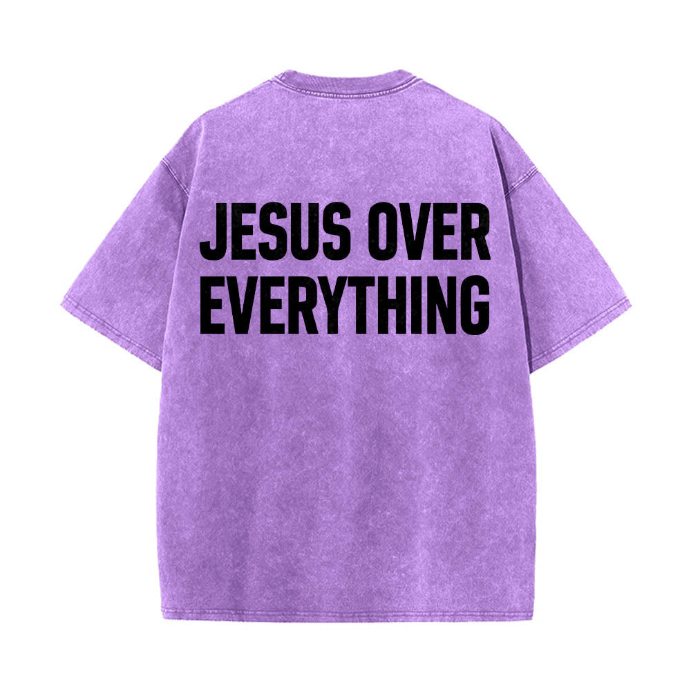 Christianartworkshop Two-Line Bold Jesus Over Everything Rear Block Letter Print Washed T‑Shirt - Purple - 5XL - image 12