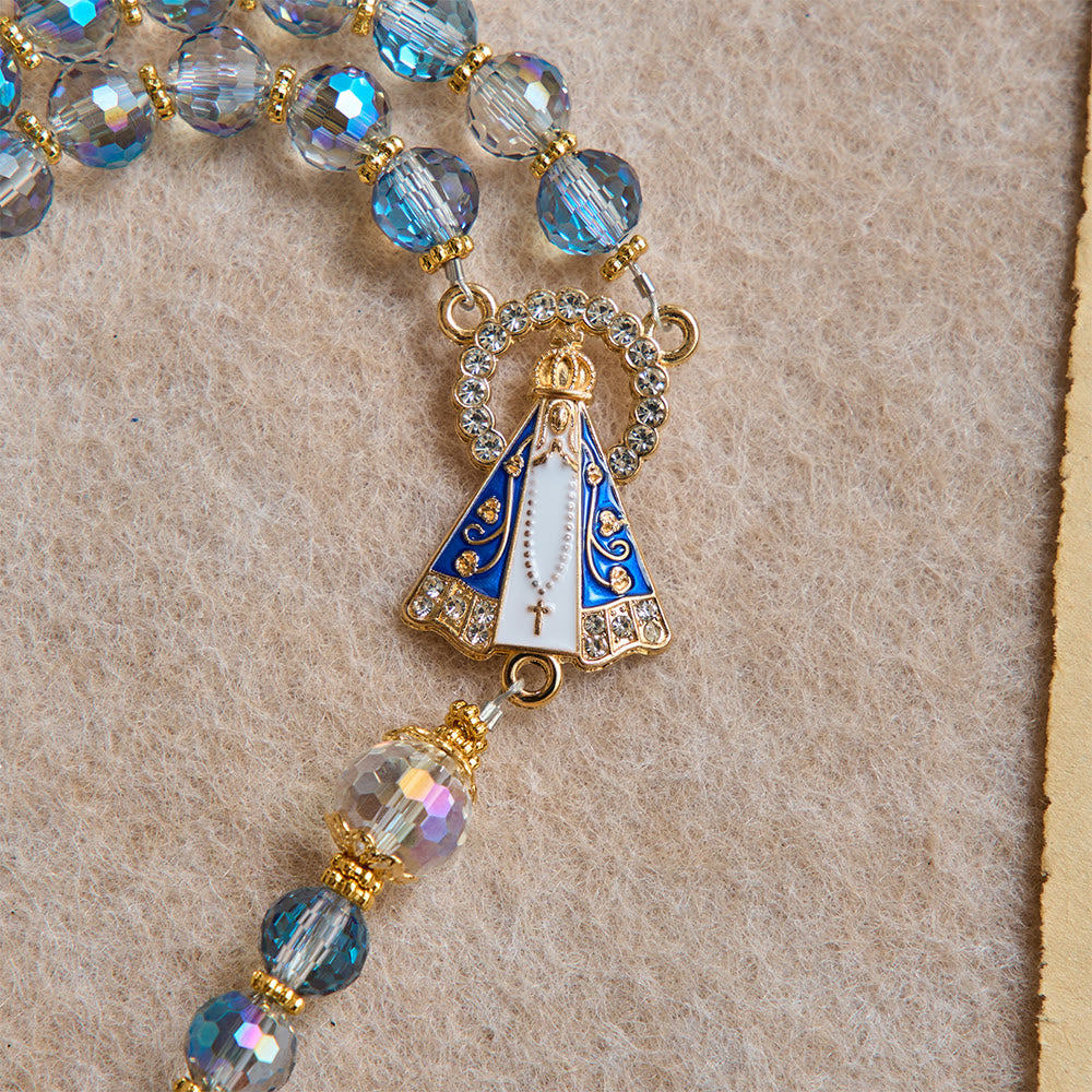 Christianartworkshop Iridescent Blue Beads Rosary With Our Lady of Aparecida & Rhinestone Crucifix: Custom Name Bead Keepsake For Chapel - image 9