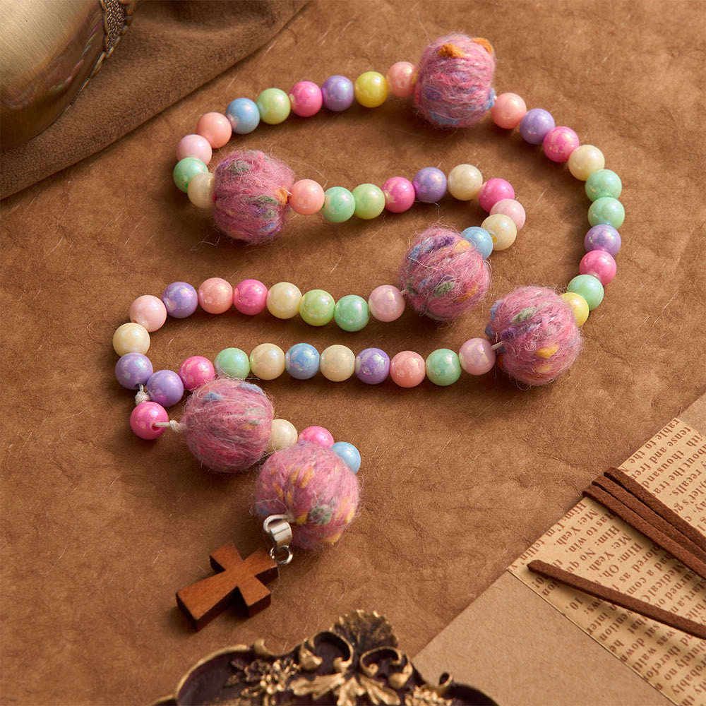 Christianartworkshop Fluffy Pom-Pom Macaron Bead Kids Rosary With Wooden Cross: Emblem of Innocent Heavenly Kindness - image 2