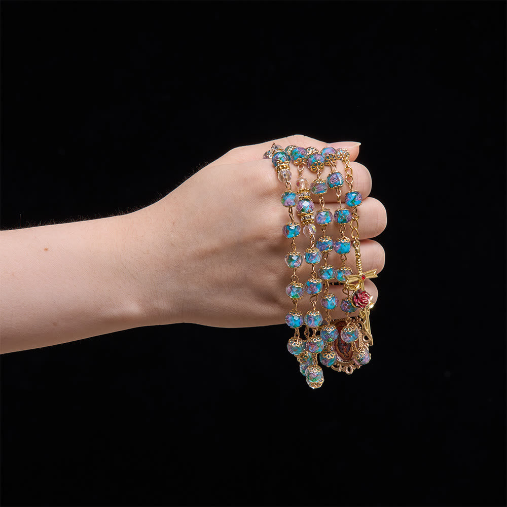 Christianartworkshop Blue Floral Glass Rosary With Rose Gilded Crucifix & Our Lady of Guadalupe Medallion - image 1