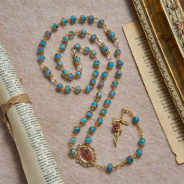 Christianartworkshop Blue Floral Glass Rosary With Rose Gilded Crucifix & Our Lady of Guadalupe Medallion - image 4