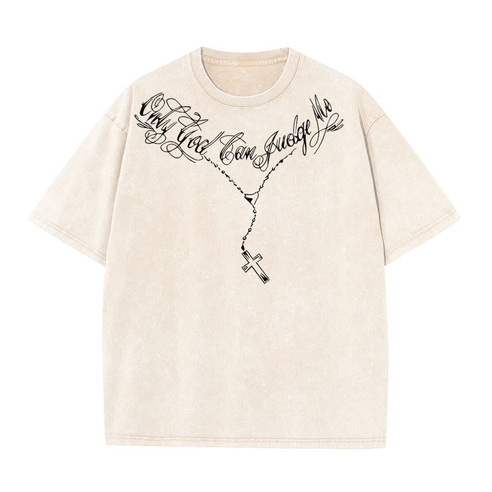 Christianartworkshop Front Cursive Slogan Rosary Cross Chain Back Thorn Crown Praying Jesus Line Washed T‑Shirt - image 4