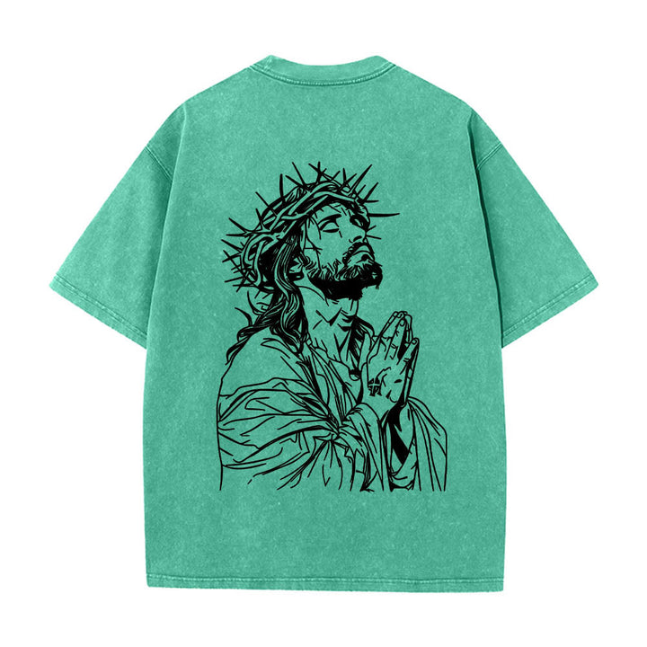 Christianartworkshop Front Cursive Slogan Rosary Cross Chain Back Thorn Crown Praying Jesus Line Washed T‑Shirt - image 17
