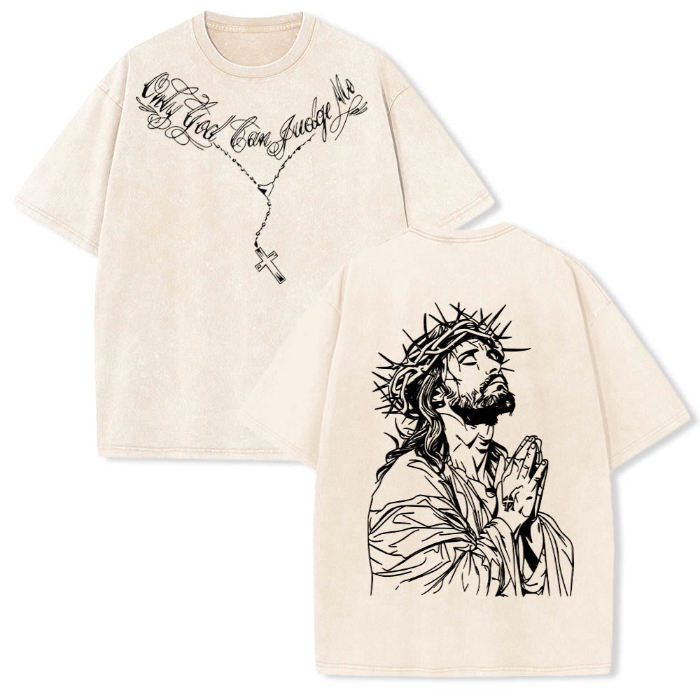 Christianartworkshop Front Cursive Slogan Rosary Cross Chain Back Thorn Crown Praying Jesus Line Washed T‑Shirt - Beige - 5XL - image 3