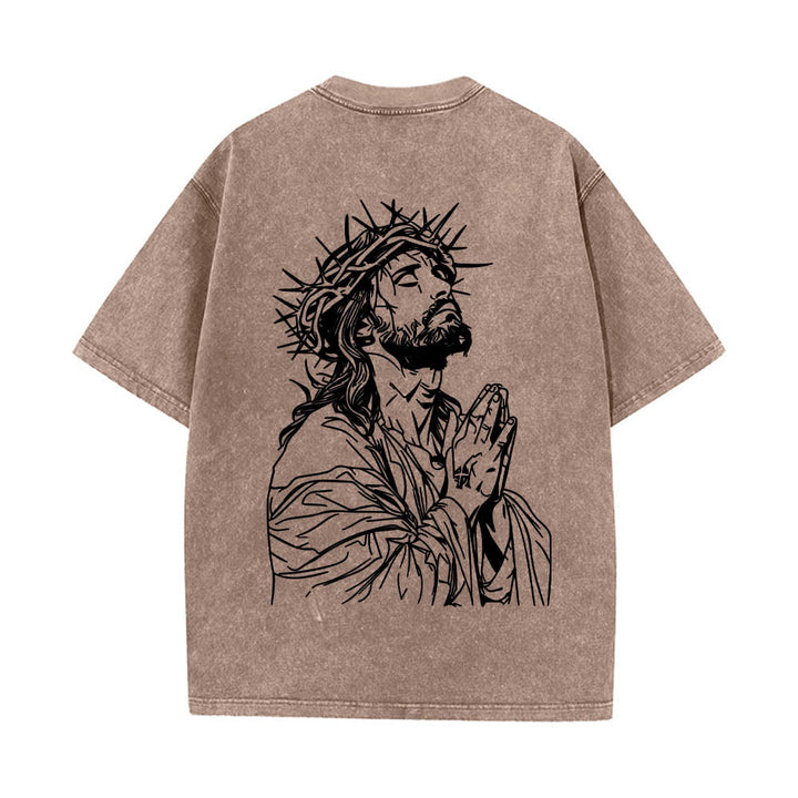 Christianartworkshop Front Cursive Slogan Rosary Cross Chain Back Thorn Crown Praying Jesus Line Washed T‑Shirt - image 8