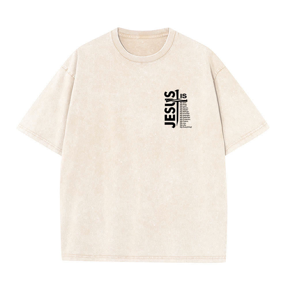 Christianartworkshop Front Mini Emblem Back Large Jesus Cross Attribute List Dual-Side Print Washed T‑Shirt - image 4
