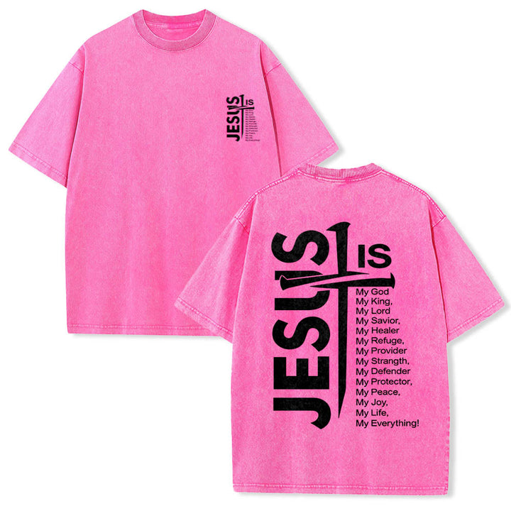 Christianartworkshop Front Mini Emblem Back Large Jesus Cross Attribute List Dual-Side Print Washed T‑Shirt - Pink - 5XL - image 21