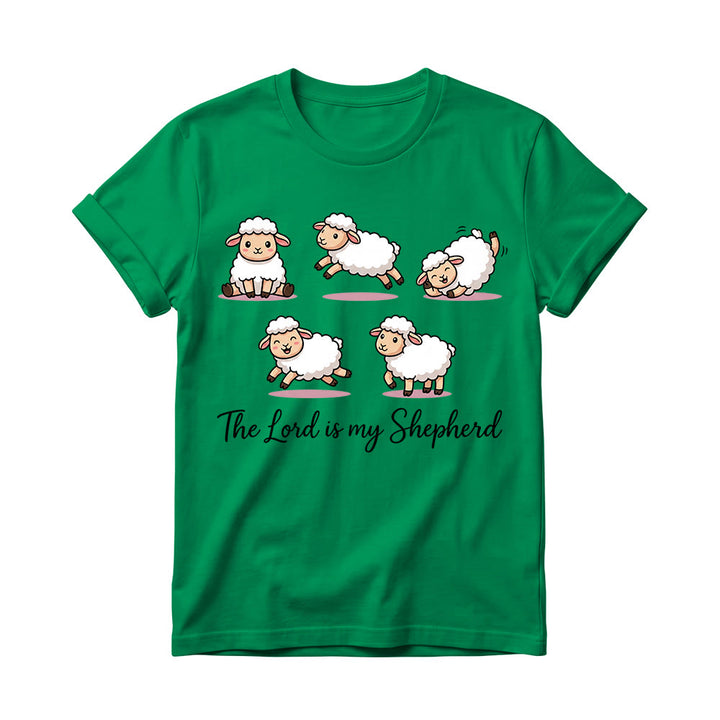 Christianartworkshop Timeless Psalm 23 Theme Cartoon Sheep Cursive Scripture Phrase Women’s Crewnecks T-shirt - Green - 4XL - image 16