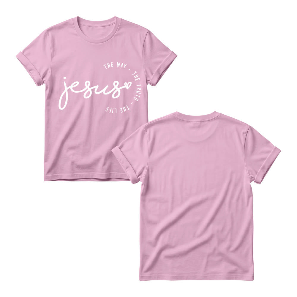 Christianartworkshop Handwritten Jesus Heart Accent Curved Arc The Way The Truth The Life Women’s Crewnecks T-shirt - image 3